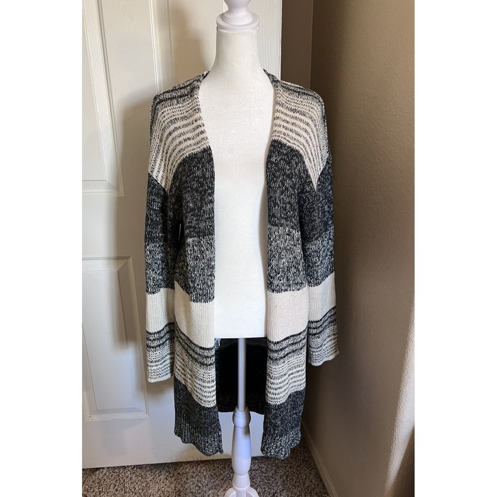 Gap 100% Cotton Striped Knit Long Cardigan Marled Black White Cozy Women's Med